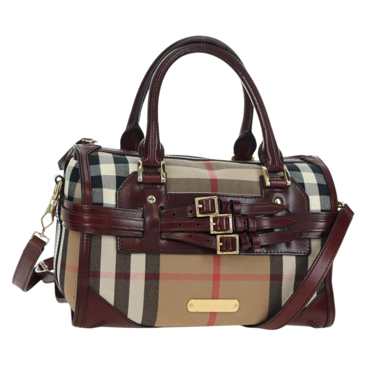 BURBERRY Nova Check Boston Bag Canvas 2way Beige Gold Auth 177707V