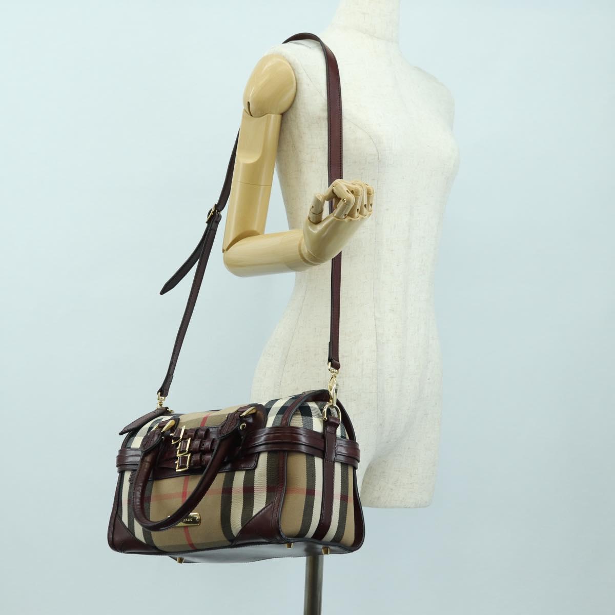 BURBERRY Nova Check Boston Bag Canvas 2way Beige Gold Auth 177707V