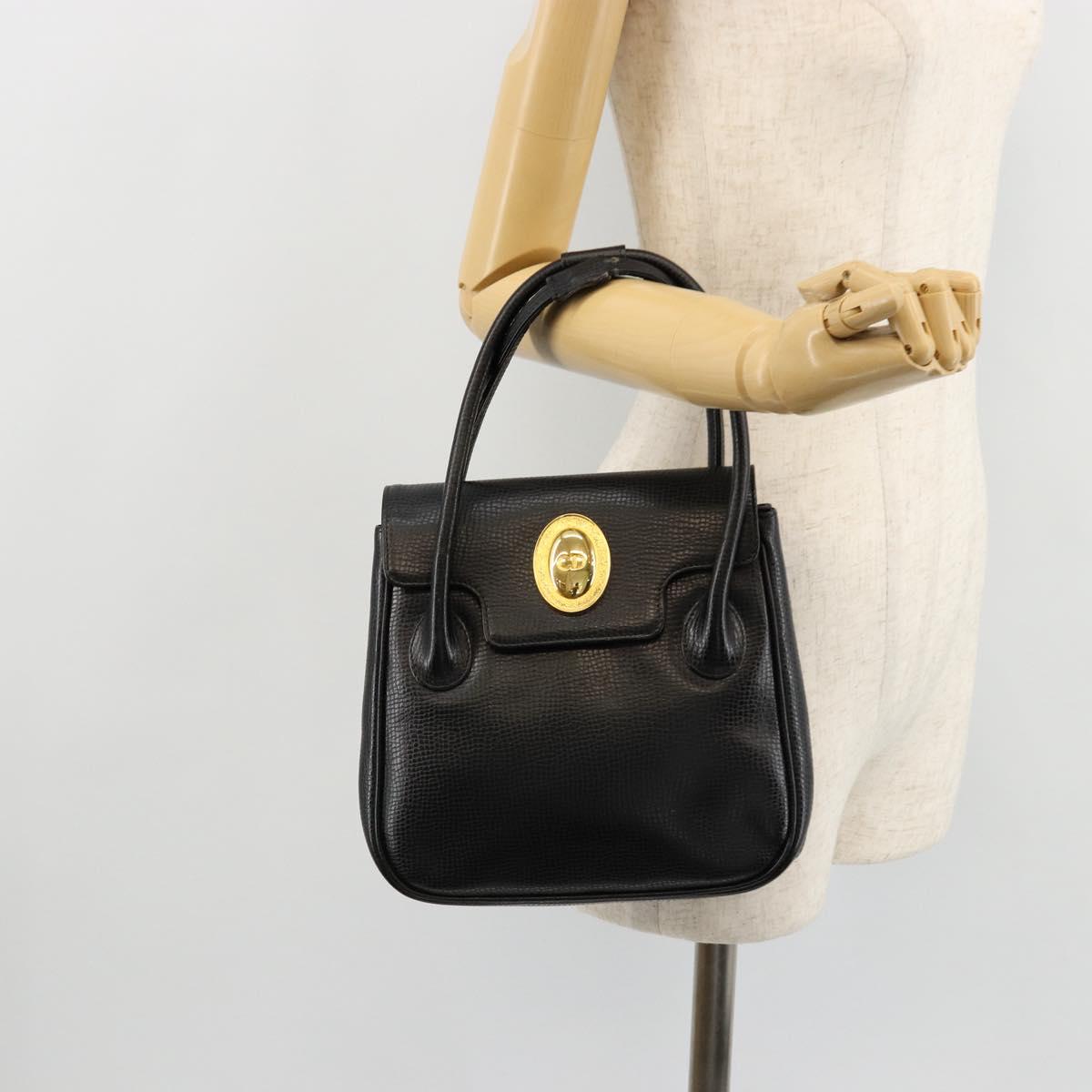 Christian Dior Hand Bag Leather Black Gold Auth 177713