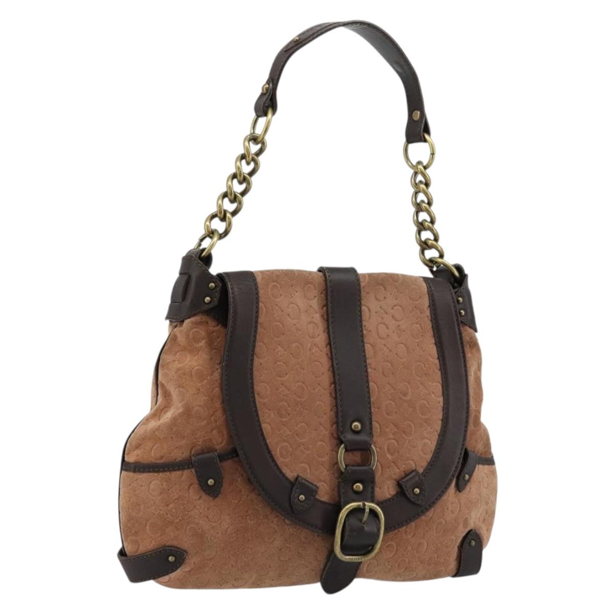 CELINE C Macadam Canvas Chain Shoulder Bag Suede Brown Gold Auth 177715A