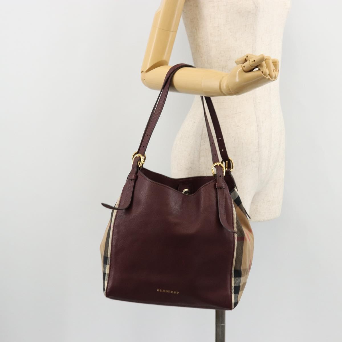 BURBERRY Nova Check Shoulder Bag Canvas Leather Bordeaux Gold Auth 177737A