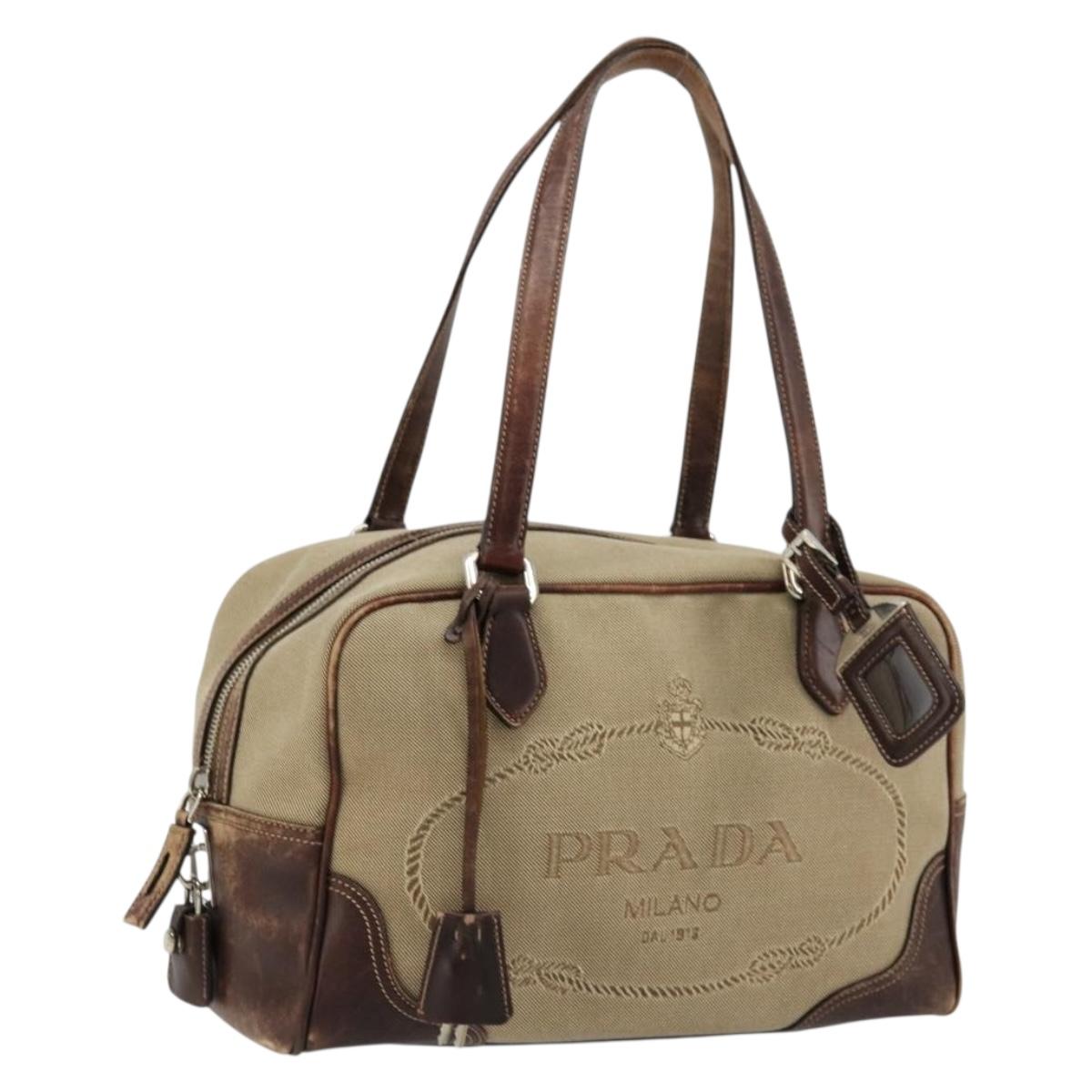 PRADA Boston Bag Canvas Beige Silver Auth 177738