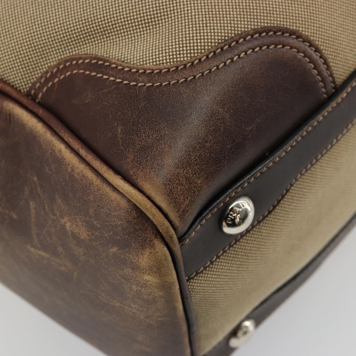 PRADA Boston Bag Canvas Beige Silver Auth 177738