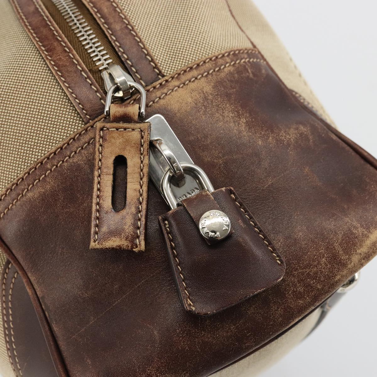 PRADA Boston Bag Canvas Beige Silver Auth 177738