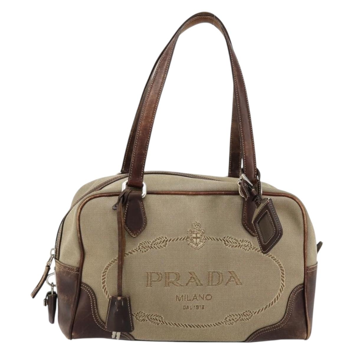 PRADA Boston Bag Canvas Beige Silver Auth 177738