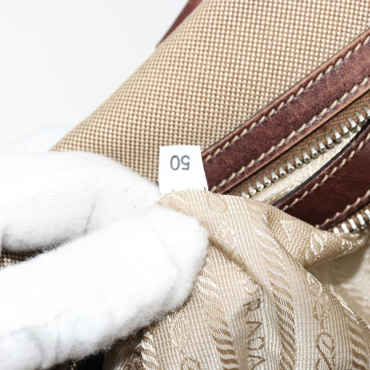 PRADA Boston Bag Canvas Beige Silver Auth 177738