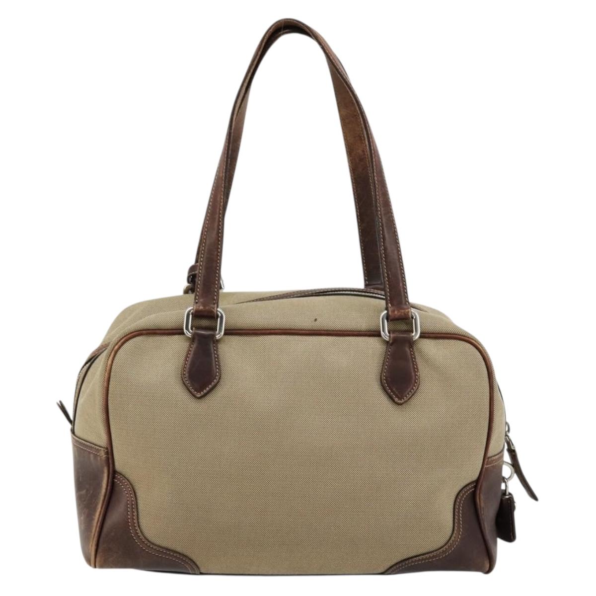 PRADA Boston Bag Canvas Beige Silver Auth 177738