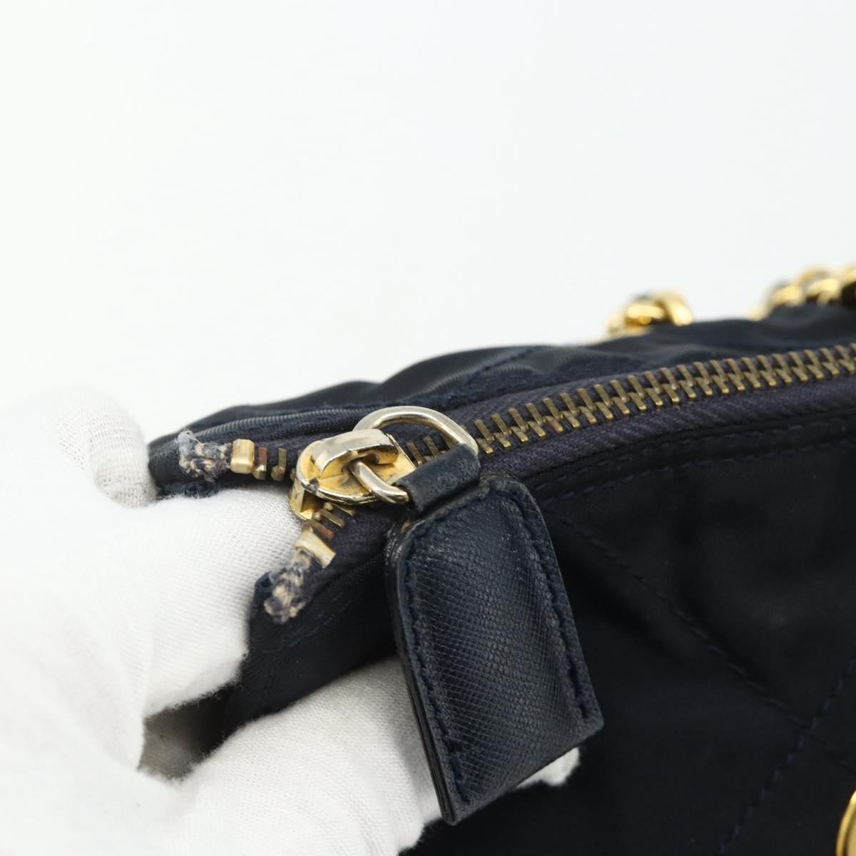 PRADA Chain Tote Bag Nylon Navy Gold Auth 177788