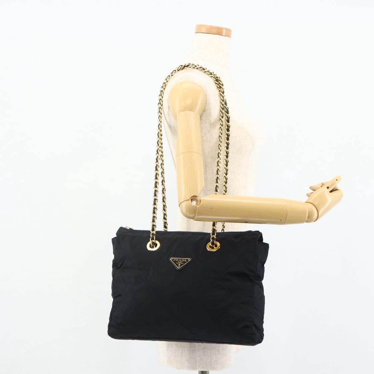 PRADA Chain Tote Bag Nylon Navy Gold Auth 177788