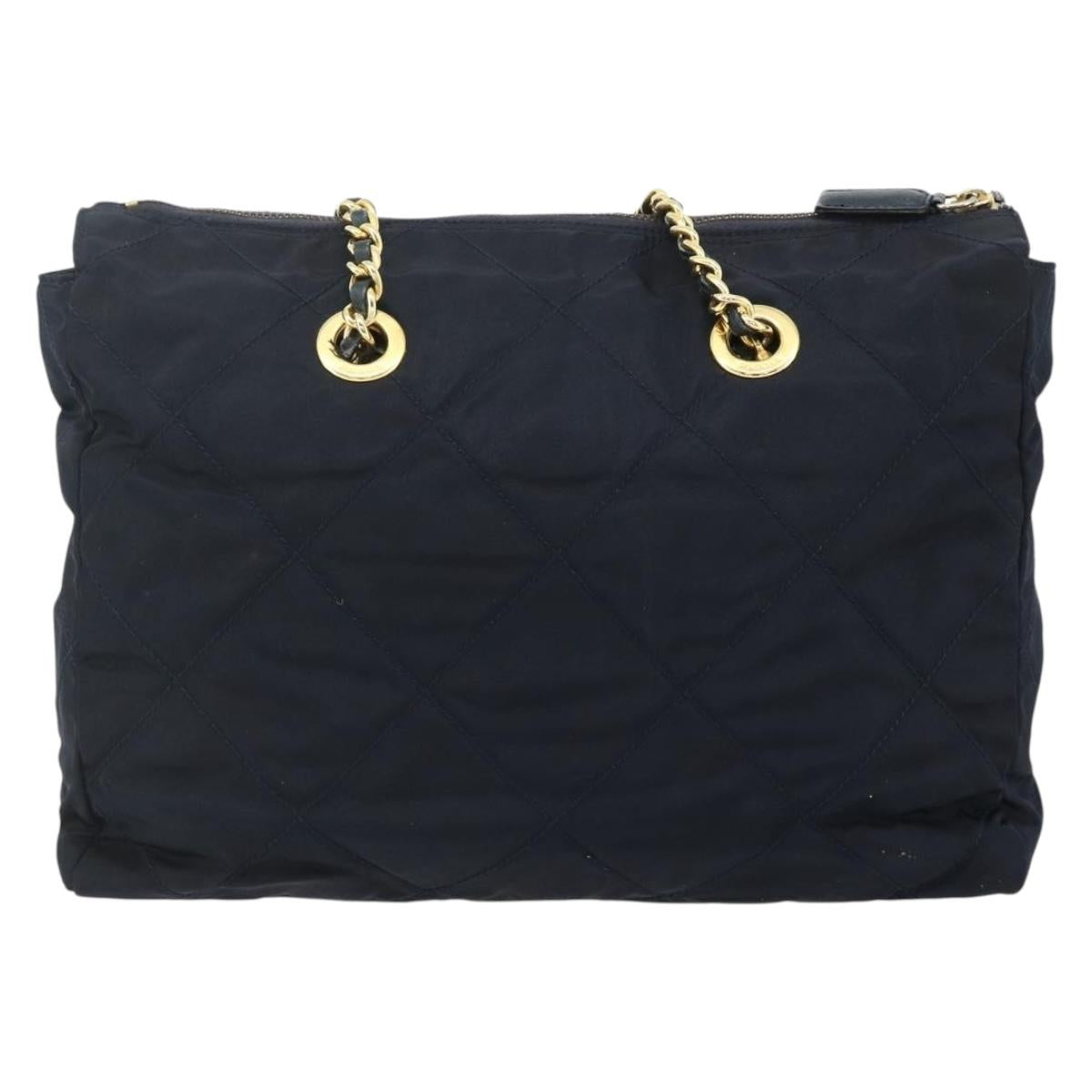 PRADA Chain Tote Bag Nylon Navy Gold Auth 177788