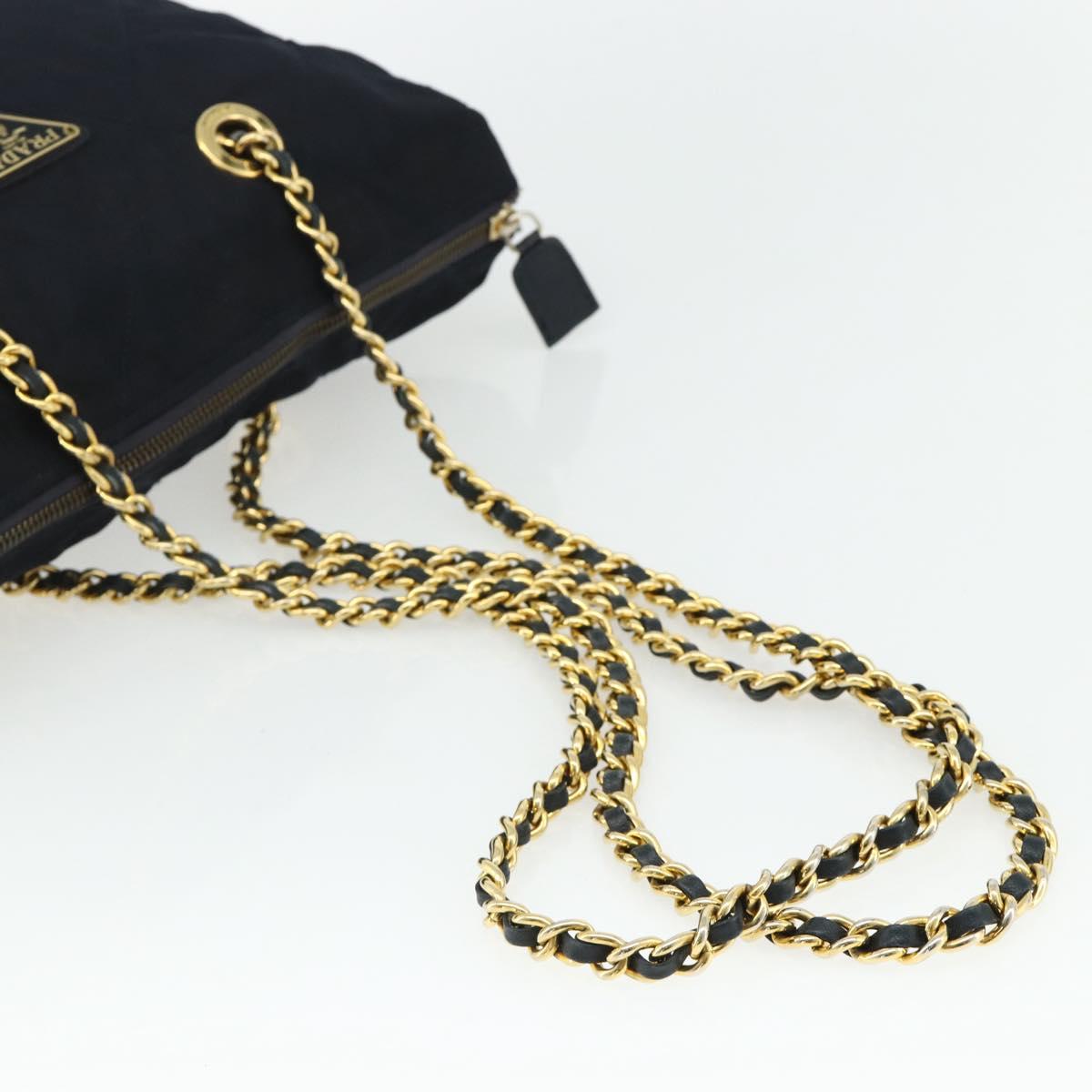 PRADA Chain Tote Bag Nylon Navy Gold Auth 177788