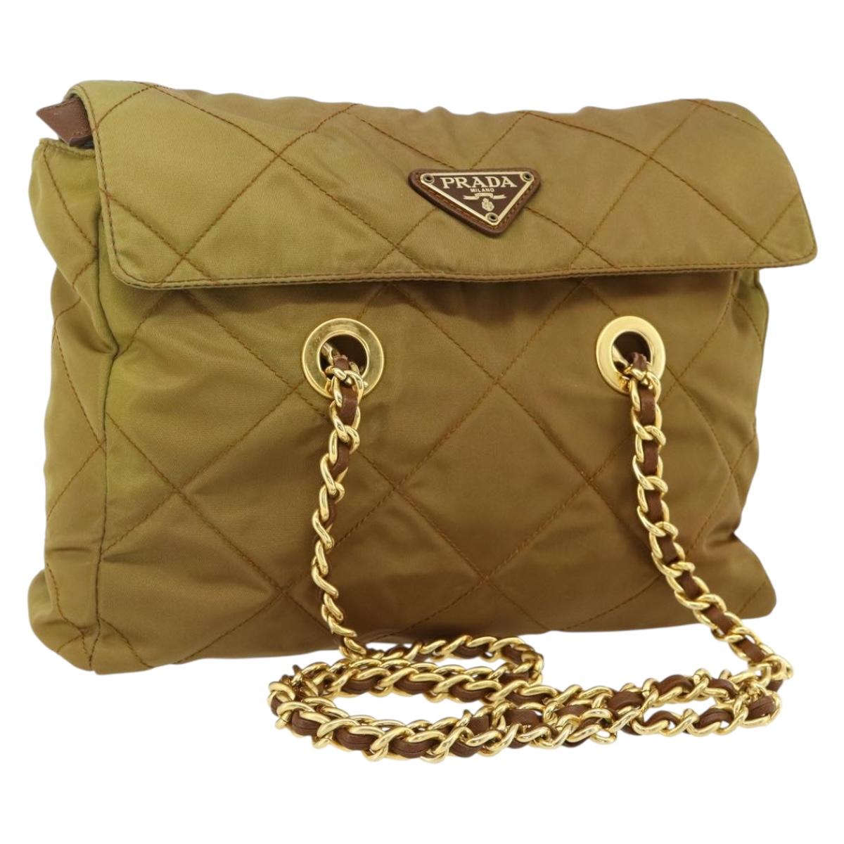 PRADA Chain Tote Bag Nylon Beige Gold Auth 177789
