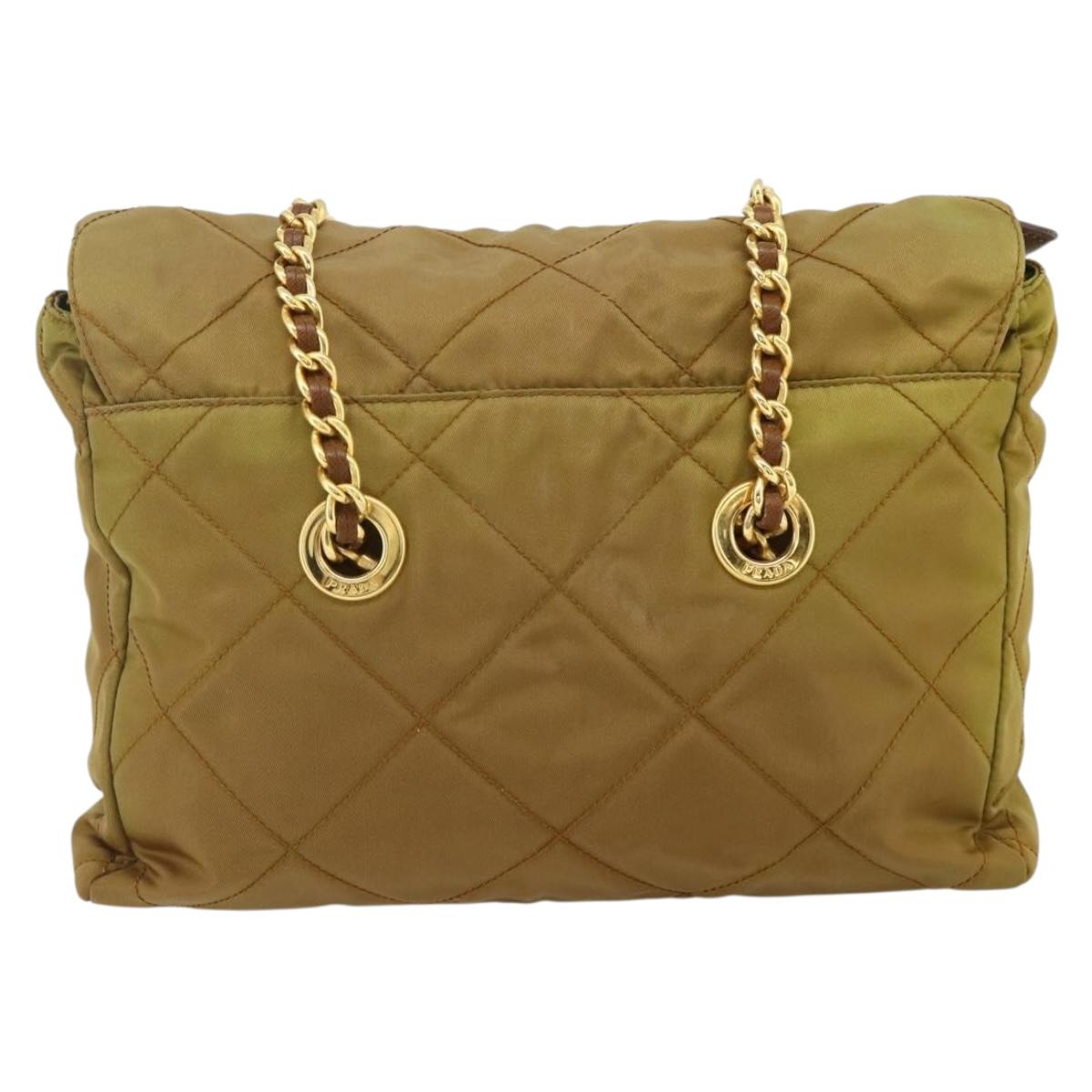 PRADA Chain Tote Bag Nylon Beige Gold Auth 177789