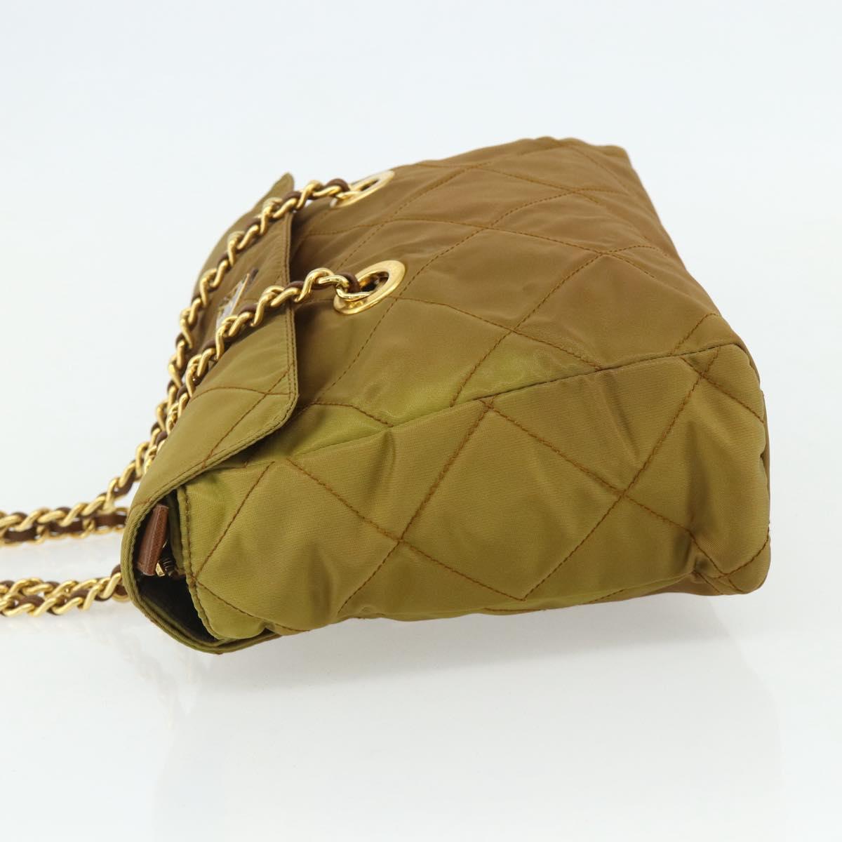 PRADA Chain Tote Bag Nylon Beige Gold Auth 177789