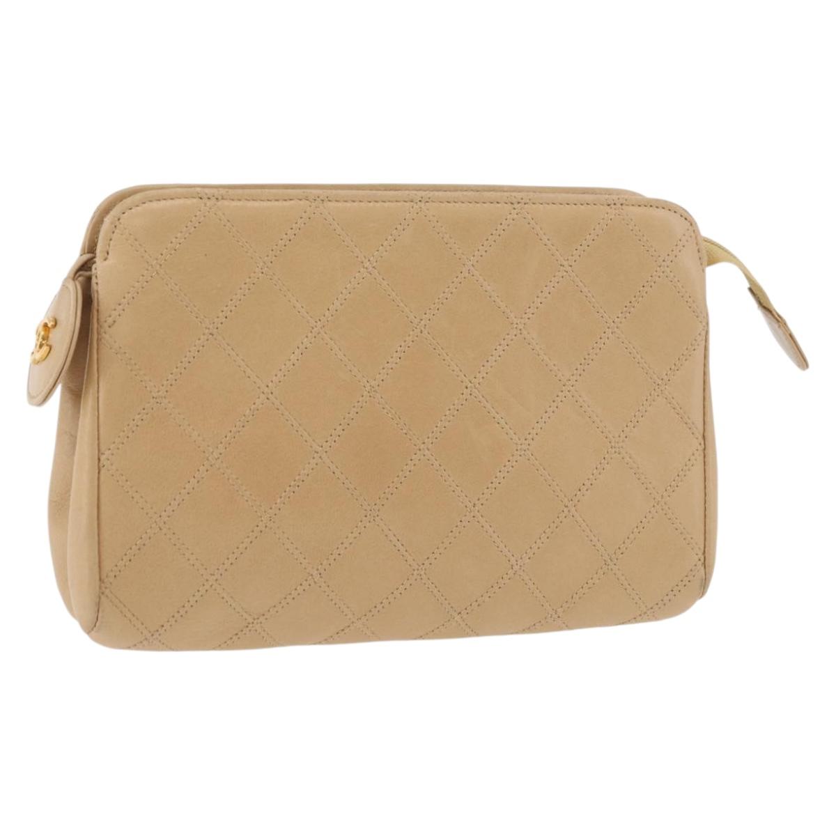 CHANEL Bicolore Pouch Lamb Skin Beige Gold CC Auth 177796