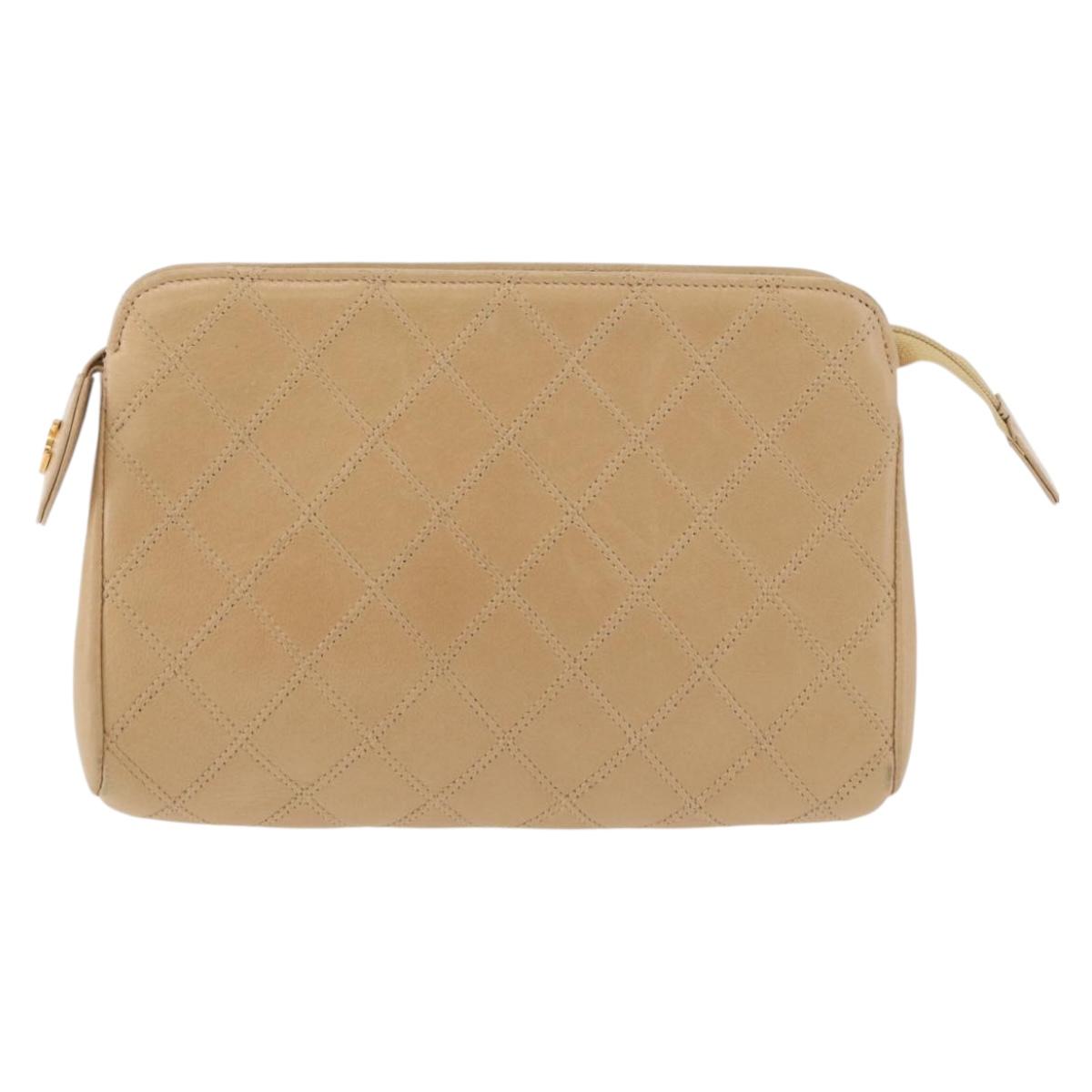 CHANEL Bicolore Pouch Lamb Skin Beige Gold CC Auth 177796