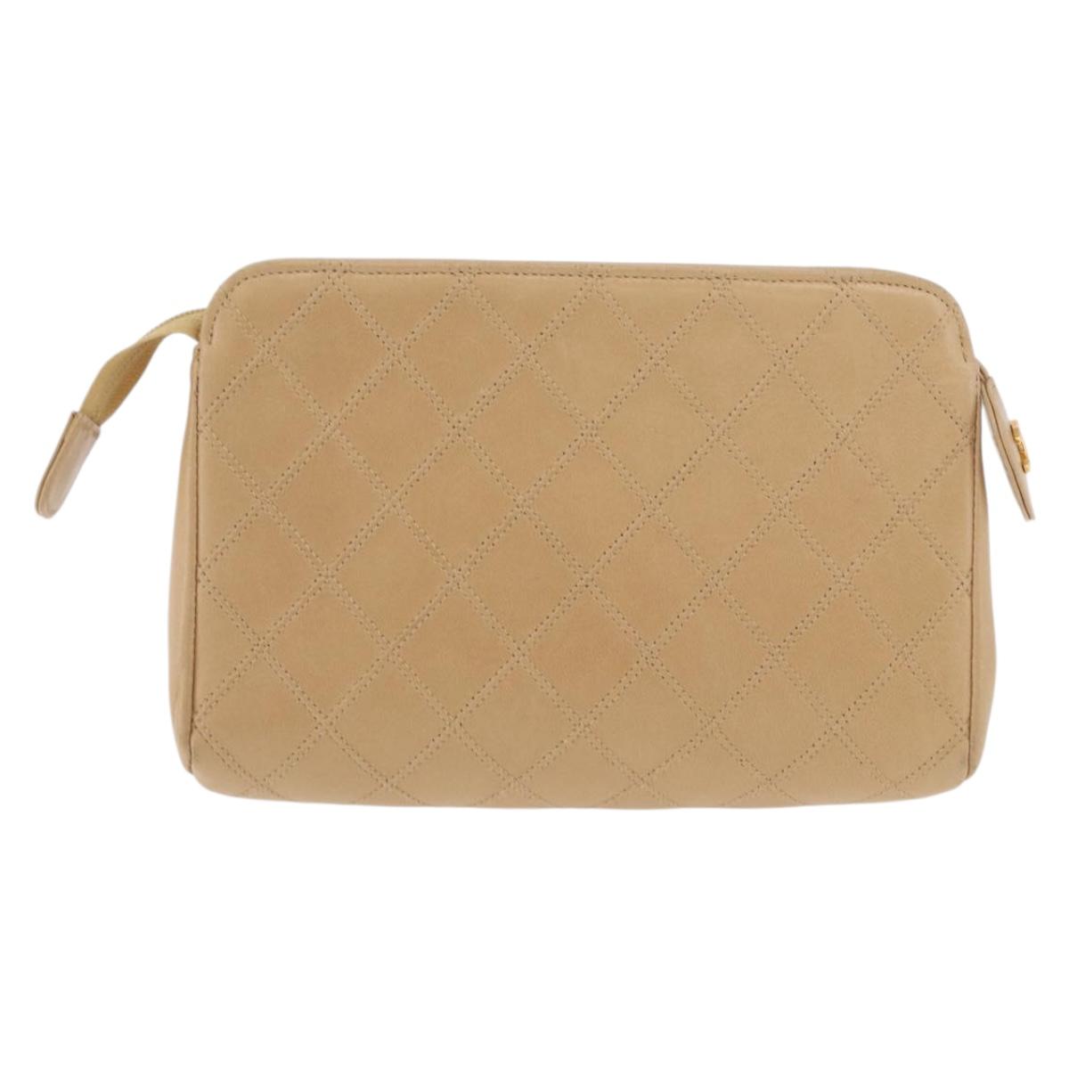 CHANEL Bicolore Pouch Lamb Skin Beige Gold CC Auth 177796