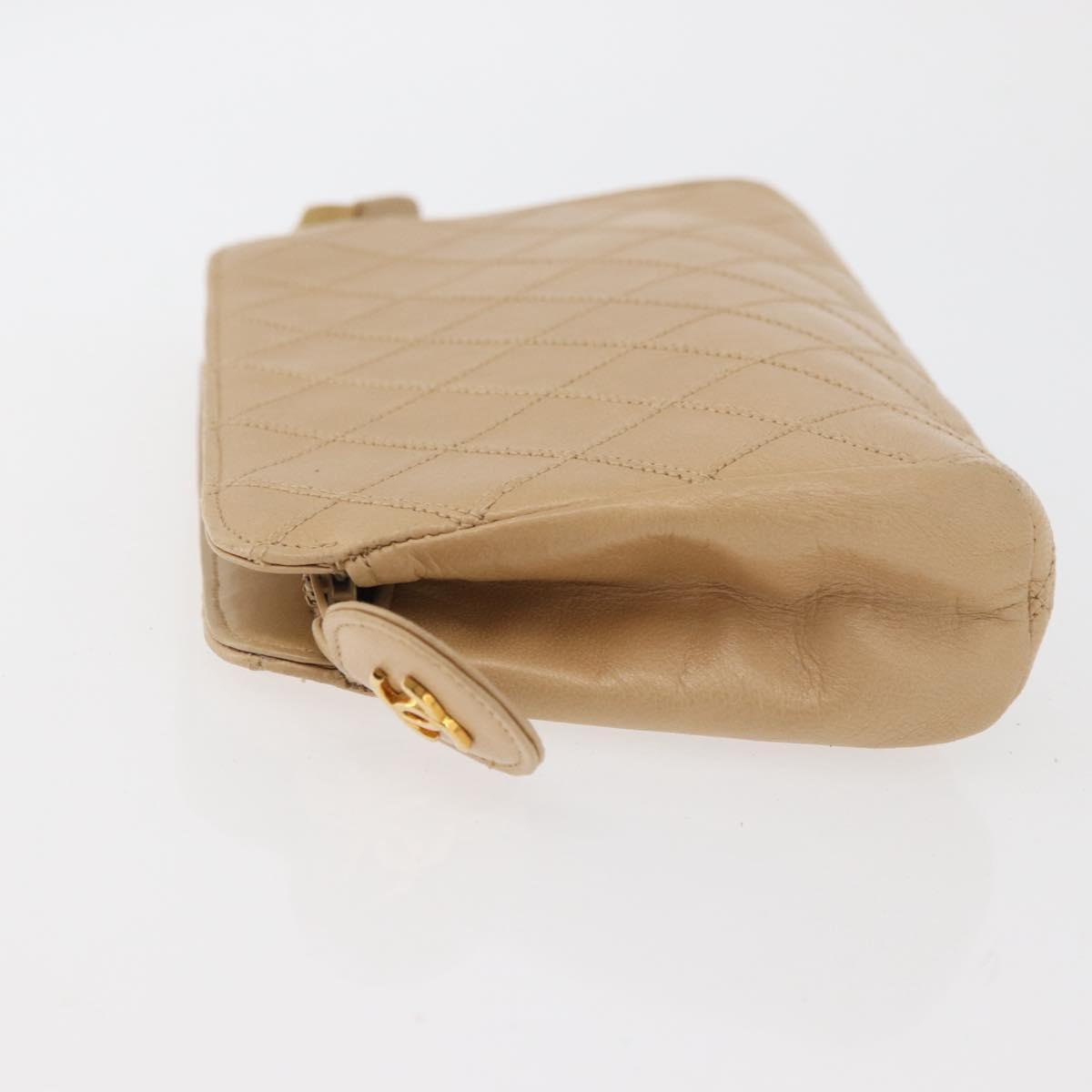 CHANEL Bicolore Pouch Lamb Skin Beige Gold CC Auth 177796