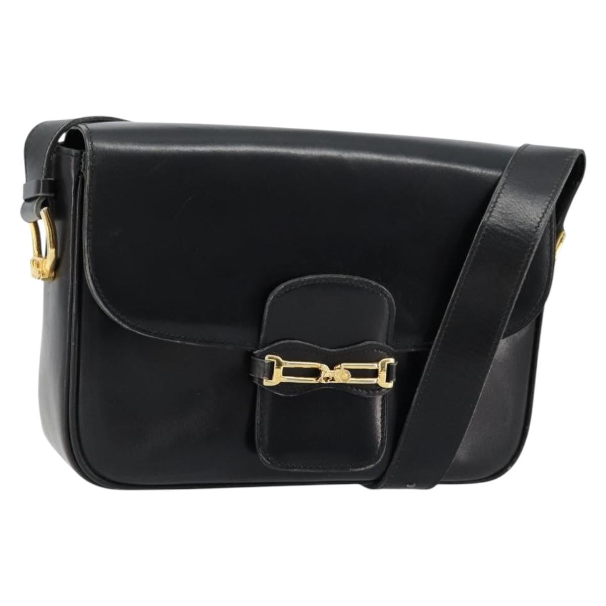 CELINE Shoulder Bag Leather Black Gold Auth 177801