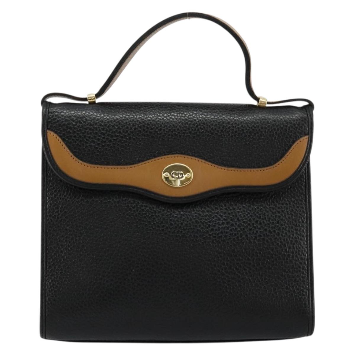 Christian Dior Hand Bag Leather Black Gold Auth 177815
