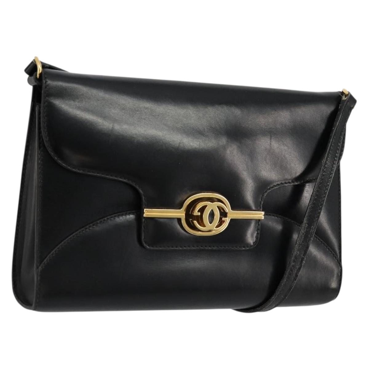 GUCCI Shoulder Bag Leather Black Gold Auth 177849