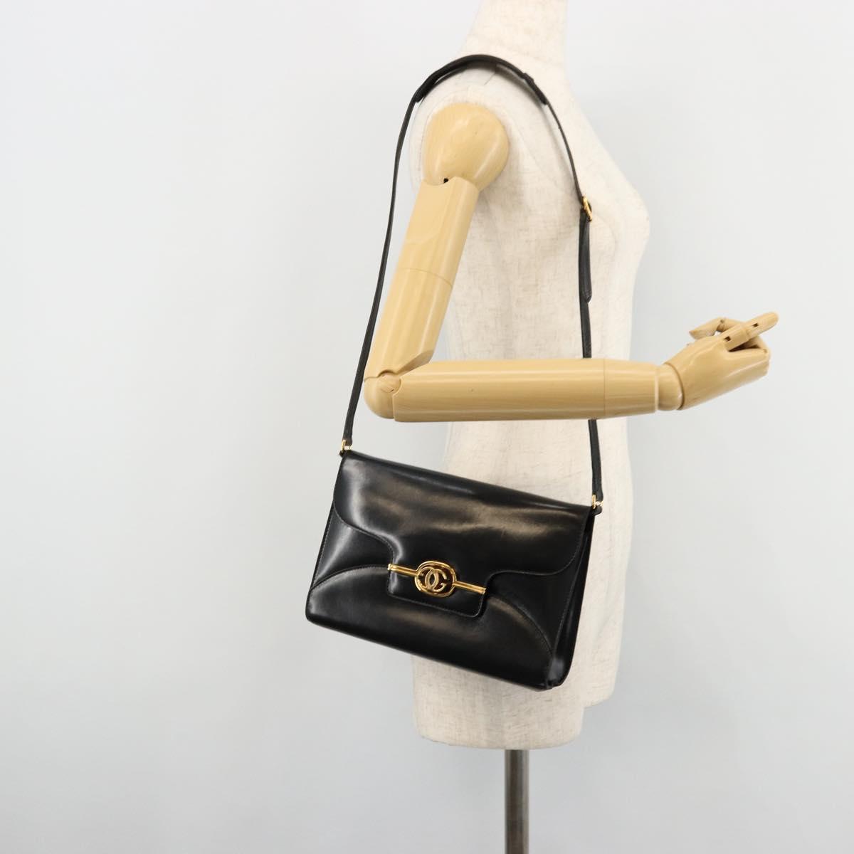 GUCCI Shoulder Bag Leather Black Gold Auth 177849