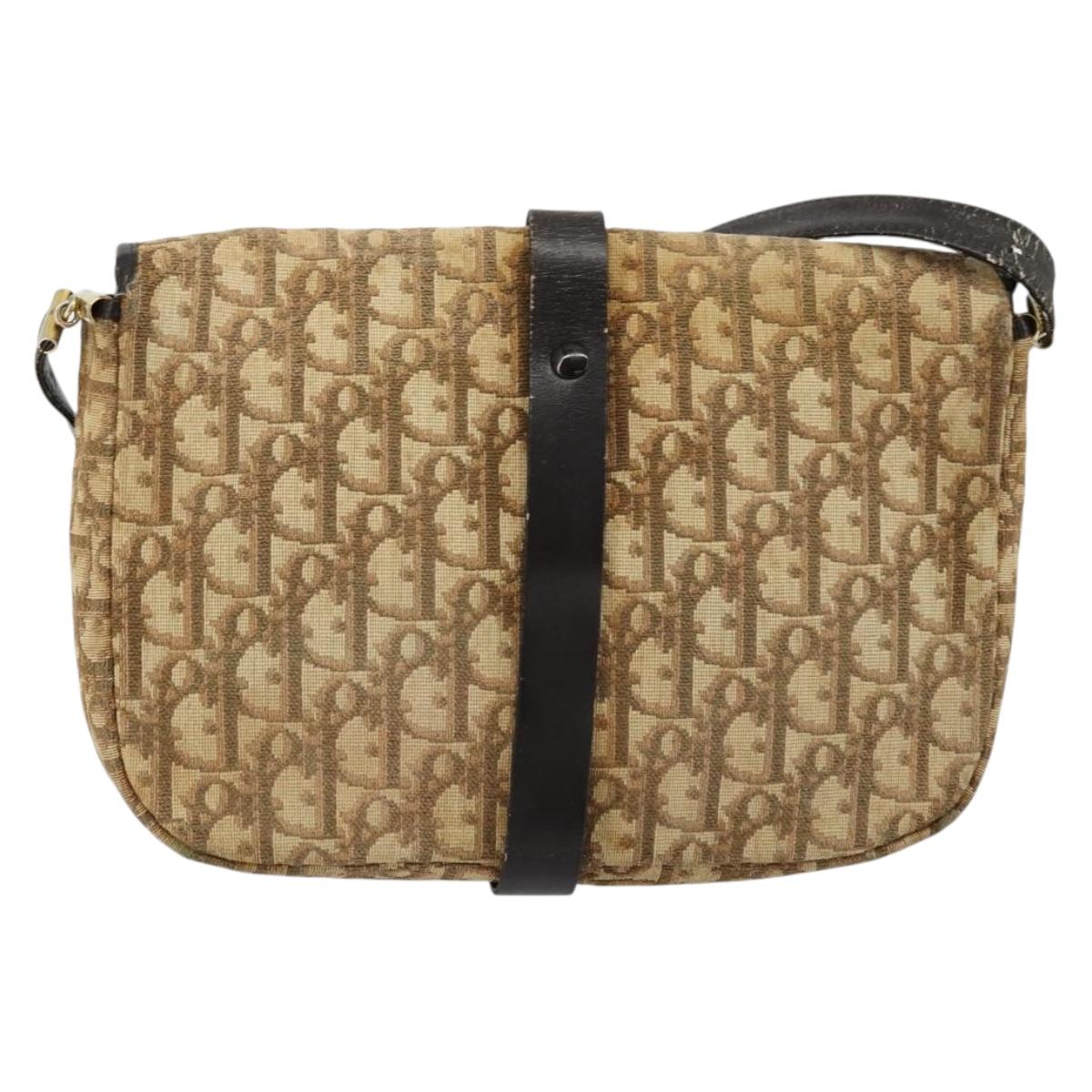 Christian Dior Trotter Canvas Shoulder Bag Brown Gold Auth 177851