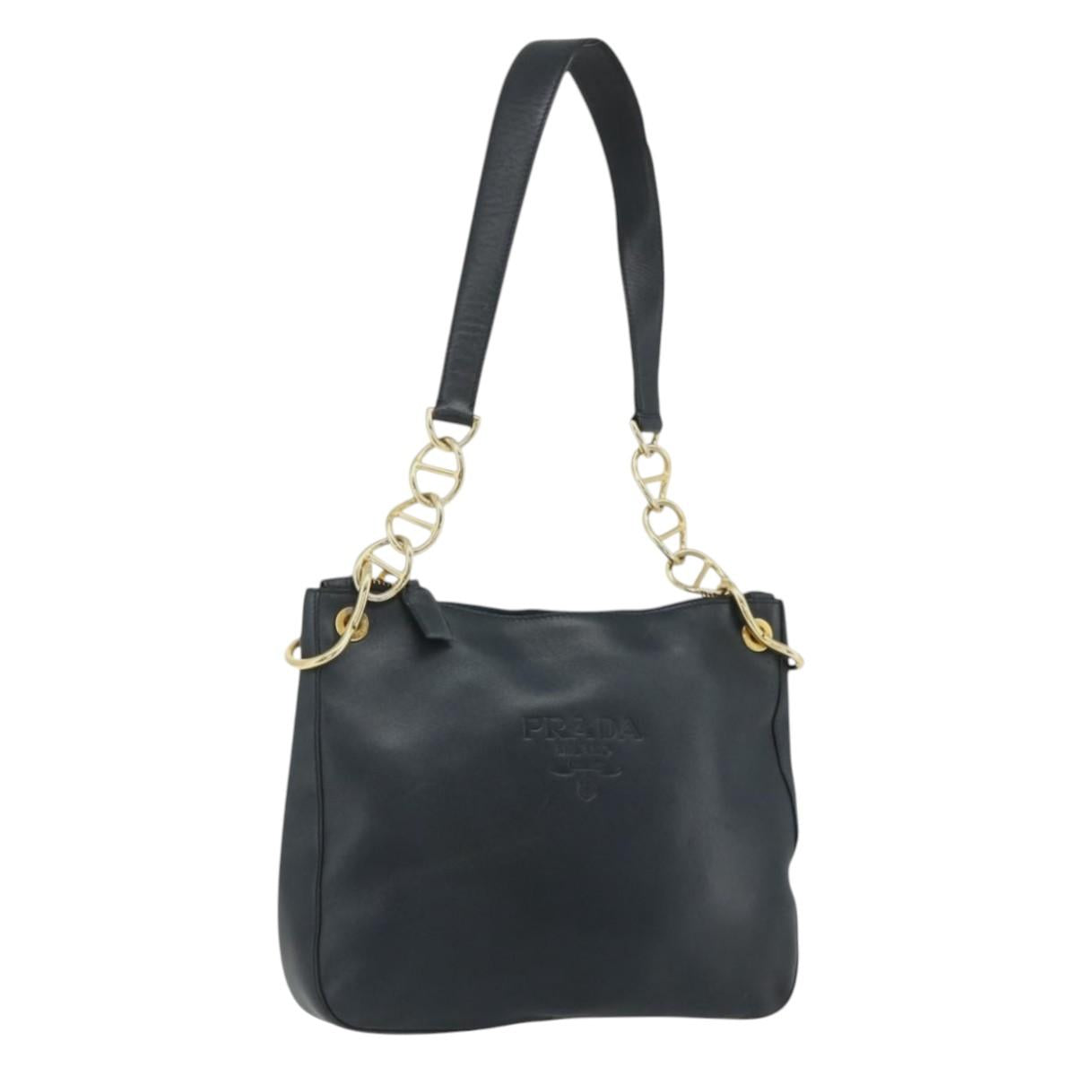 PRADA Chain Shoulder Bag Leather Navy Gold Auth 177855A