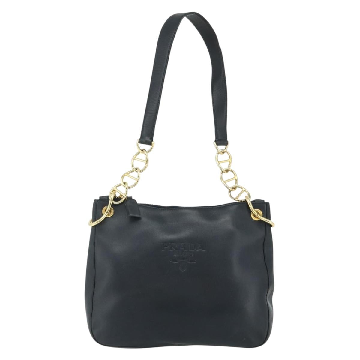 PRADA Chain Shoulder Bag Leather Navy Gold Auth 177855A