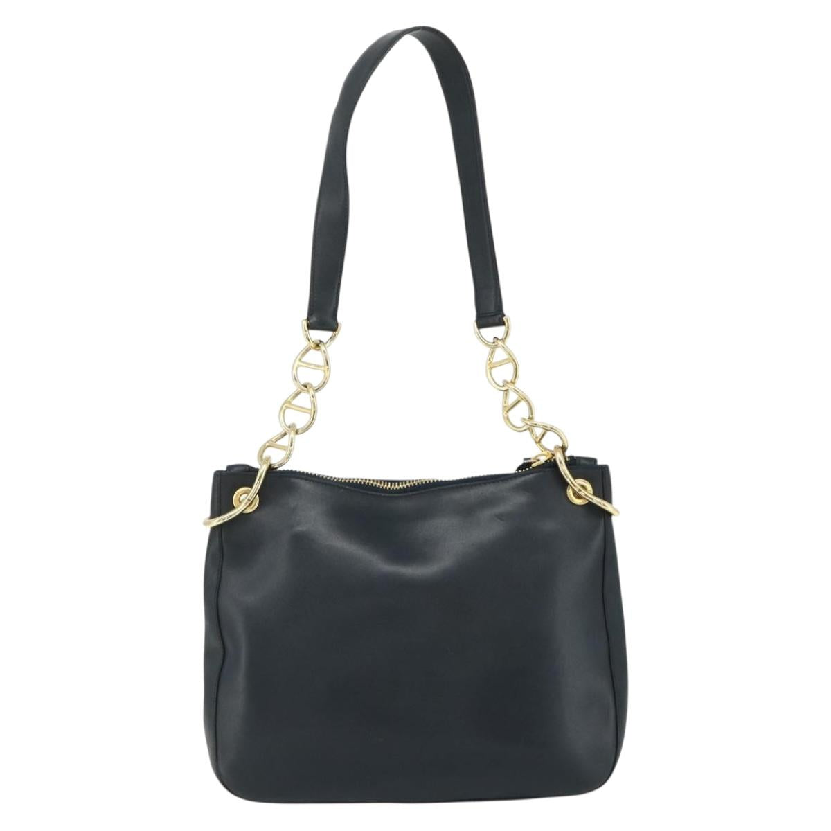 PRADA Chain Shoulder Bag Leather Navy Gold Auth 177855A
