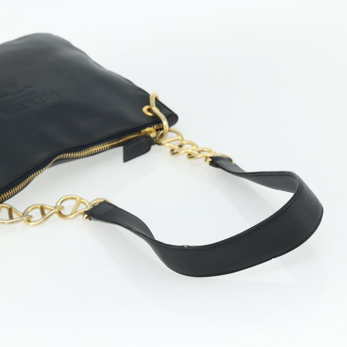 PRADA Chain Shoulder Bag Leather Navy Gold Auth 177855A