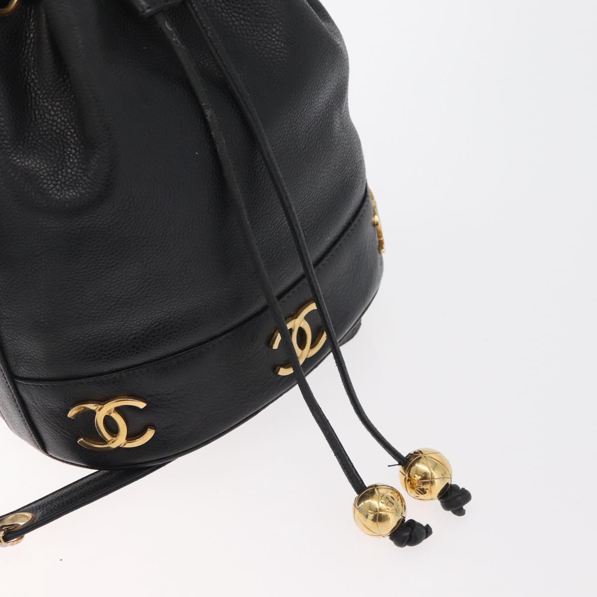 CHANEL Triple Coco Drawstring Chain Bag Caviar Skin Black Gold CC Auth 177863