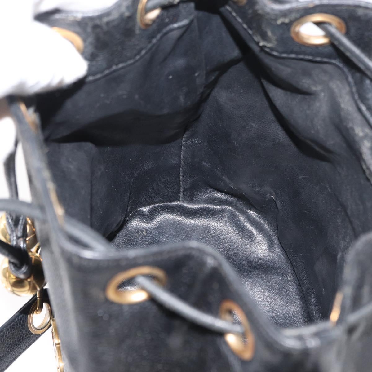 CHANEL Triple Coco Drawstring Chain Bag Caviar Skin Black Gold CC Auth 177863