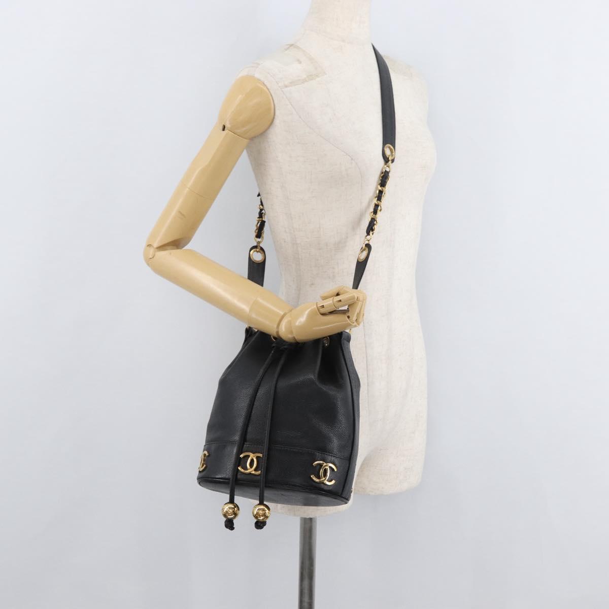 CHANEL Triple Coco Drawstring Chain Bag Caviar Skin Black Gold CC Auth 177863
