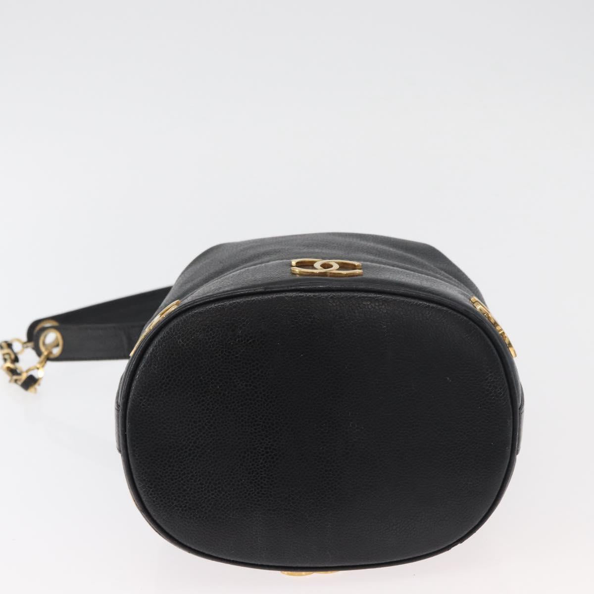 CHANEL Triple Coco Drawstring Chain Bag Caviar Skin Black Gold CC Auth 177863