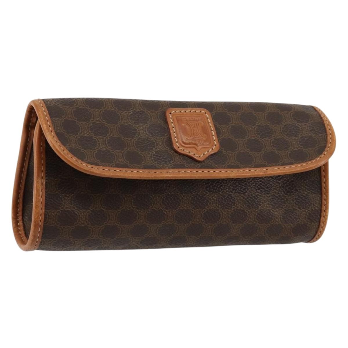 CELINE Macadam Canvas Pouch PVC Leather Brown Gold Auth 177871A