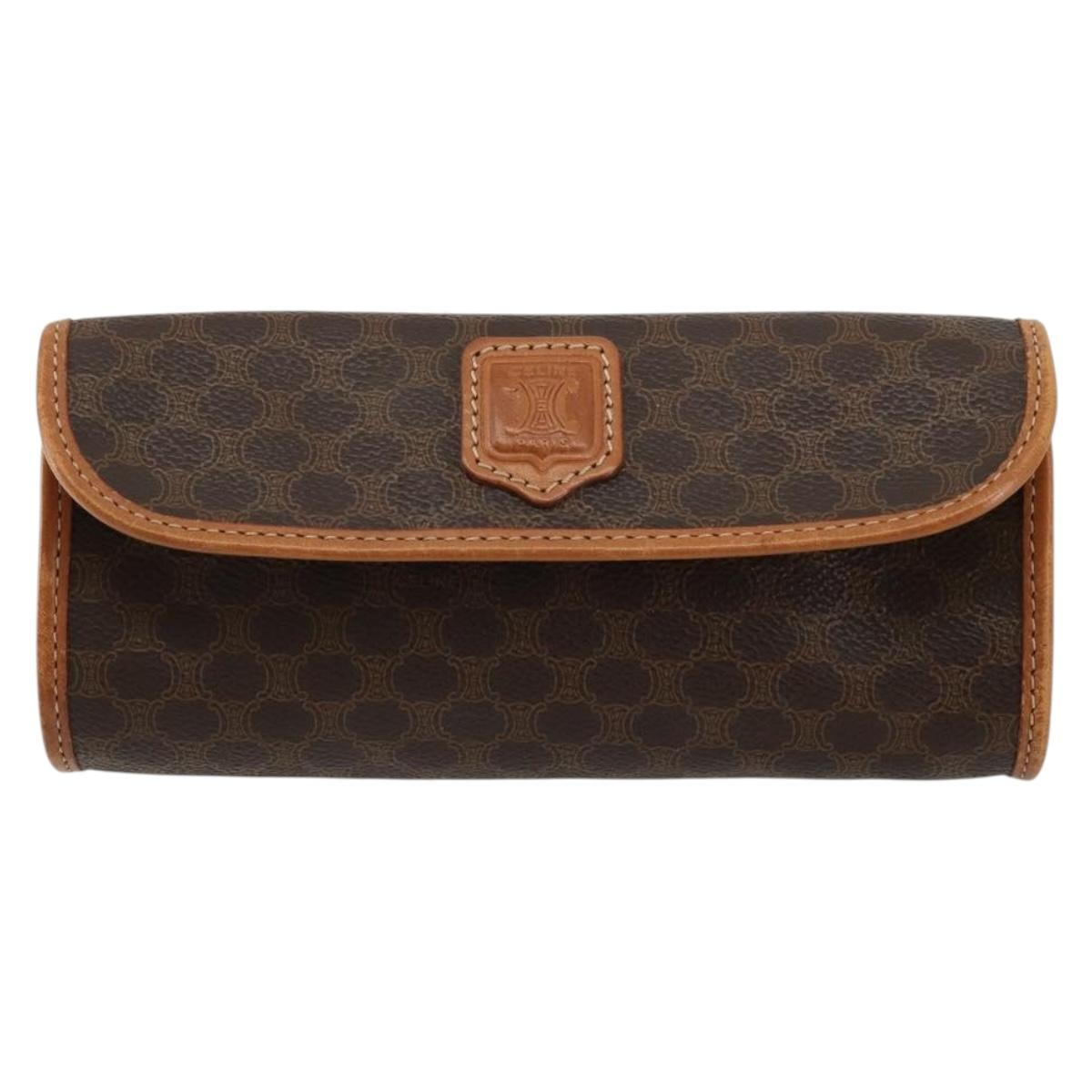 CELINE Macadam Canvas Pouch PVC Leather Brown Gold Auth 177871A