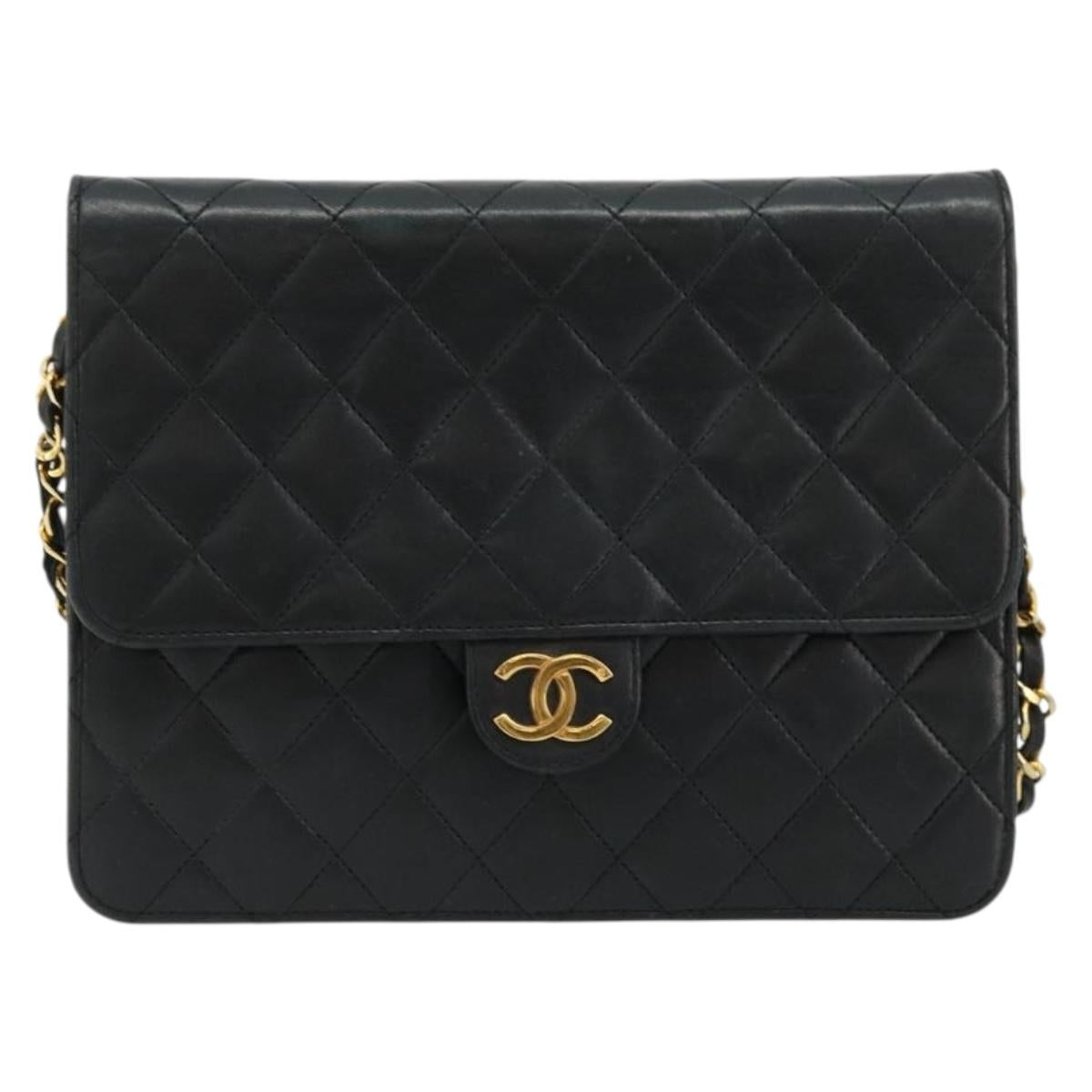 CHANEL Matelasse Chain Shoulder Bag Lamb Skin Black Gold CC Auth 177875