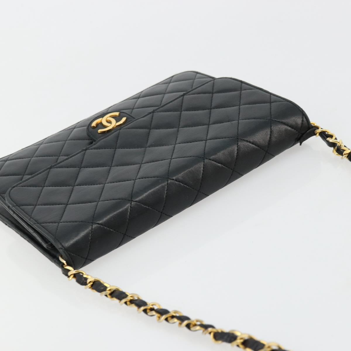 CHANEL Matelasse Chain Shoulder Bag Lamb Skin Black Gold CC Auth 177875