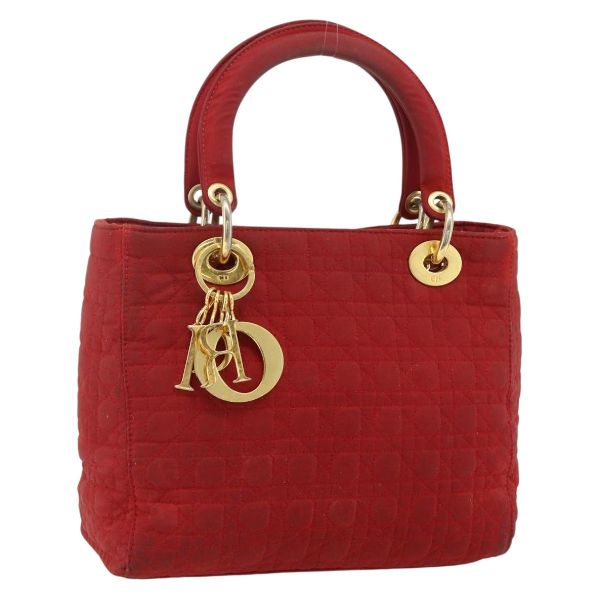Christian Dior Lady Dior Canage Hand Bag Nylon Red Gold Auth 177903