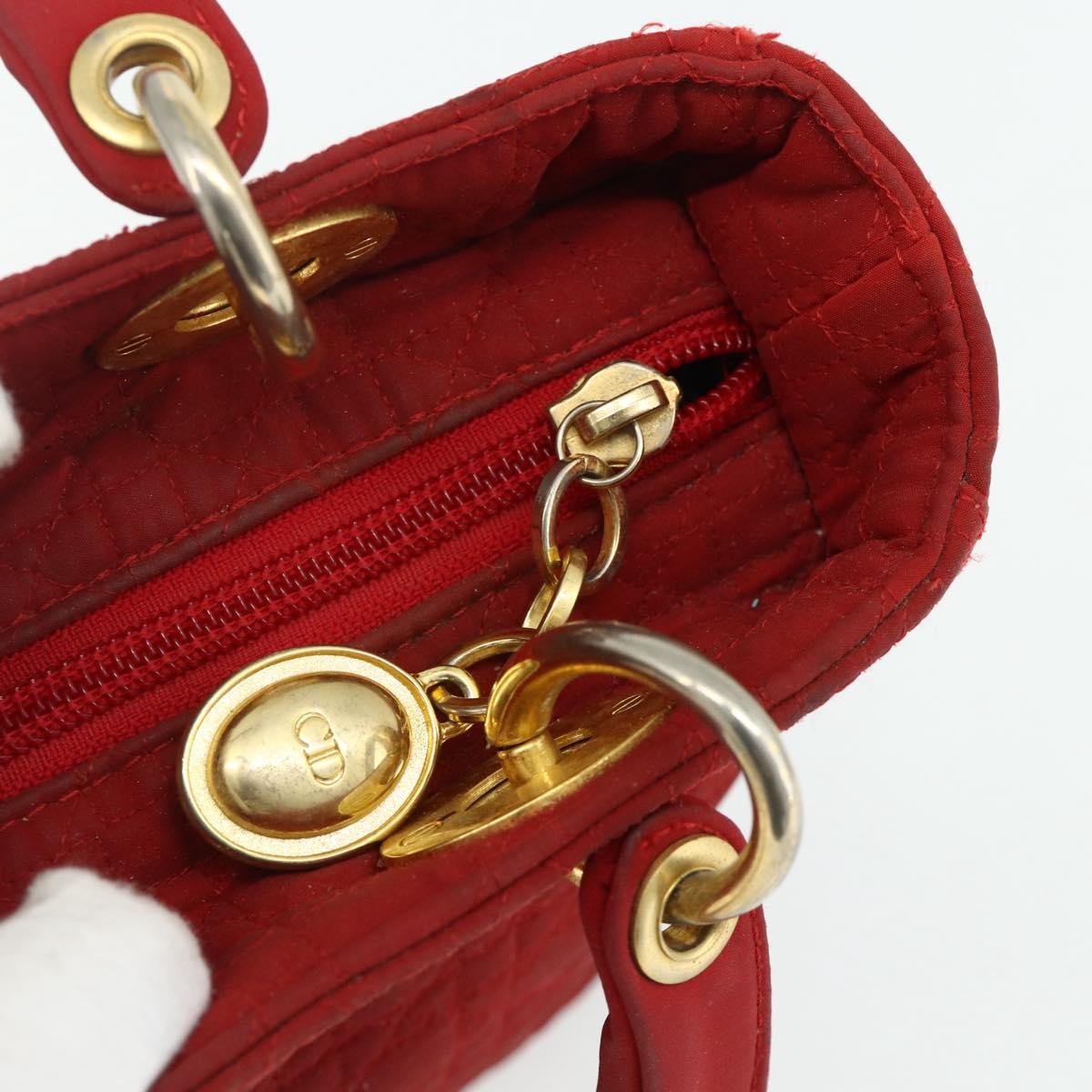 Christian Dior Lady Dior Canage Hand Bag Nylon Red Gold Auth 177903