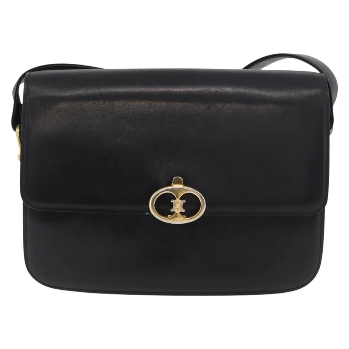 CELINE Shoulder Bag Leather Black Gold Auth 177927