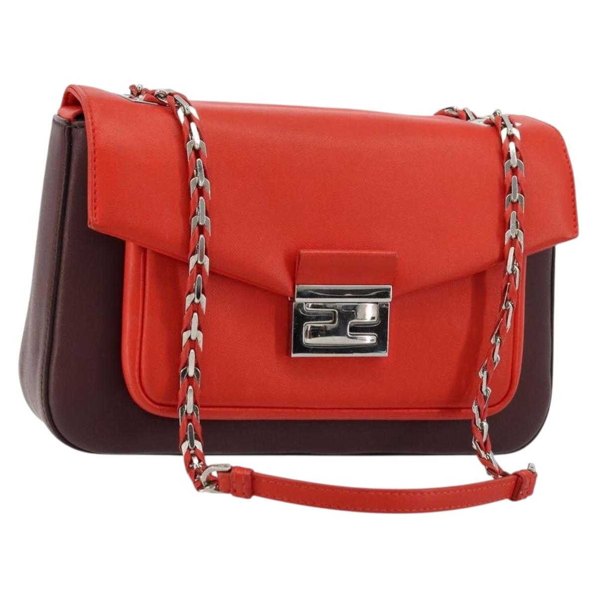 FENDI Chain Beebaguette Shoulder Bag Leather Red Silver Auth 177969A