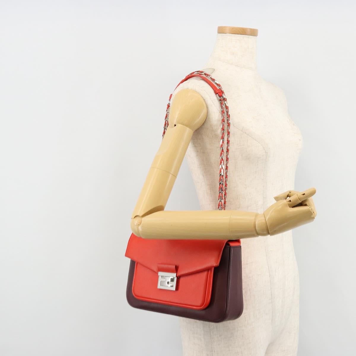FENDI Chain Beebaguette Shoulder Bag Leather Red Silver Auth 177969A