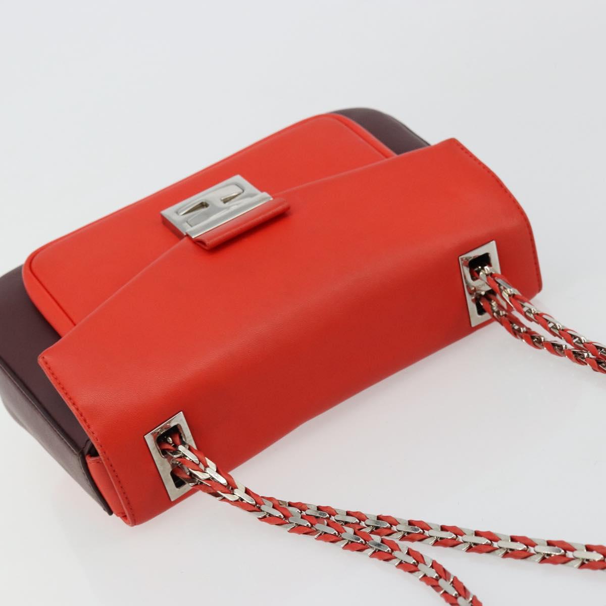 FENDI Chain Beebaguette Shoulder Bag Leather Red Silver Auth 177969A