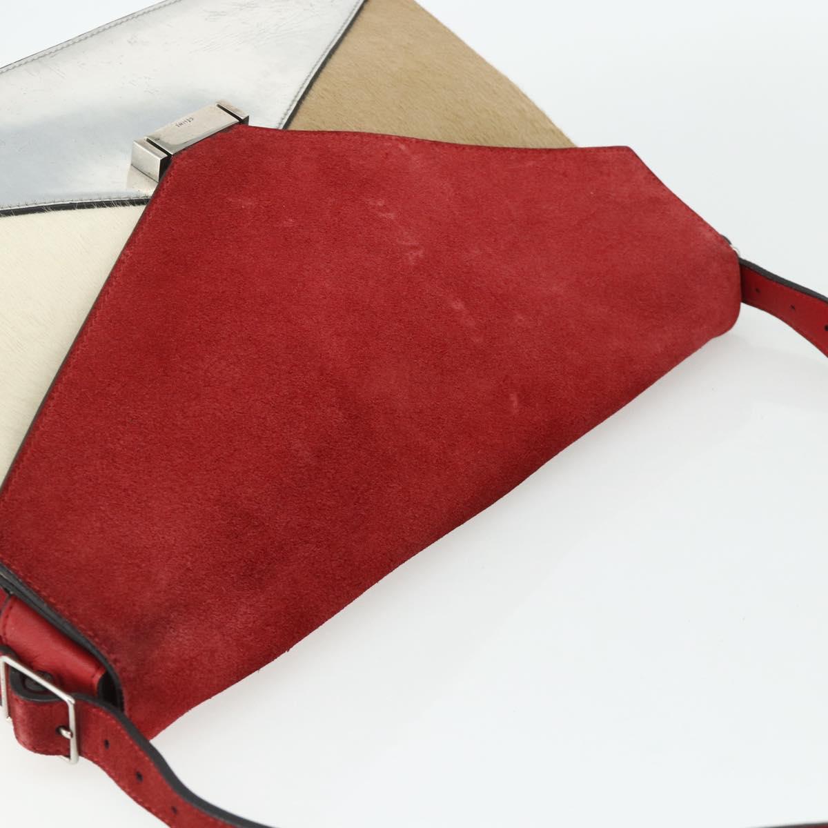 CELINE Shoulder Bag Leather Red Silver Auth 177971