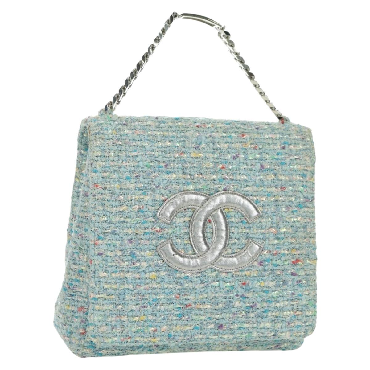 CHANEL Chain Hand Bag Tweed Light Blue Silver CC Auth 177972SV