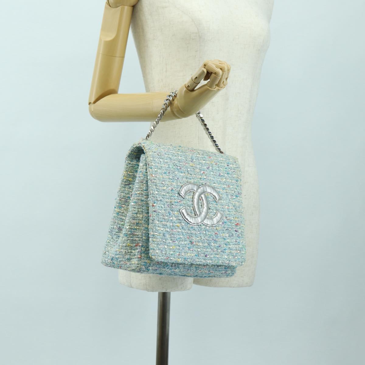 CHANEL Chain Hand Bag Tweed Light Blue Silver CC Auth 177972SV