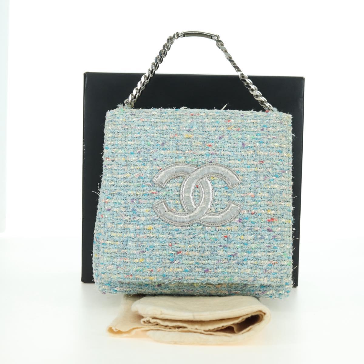 CHANEL Chain Hand Bag Tweed Light Blue Silver CC Auth 177972SV