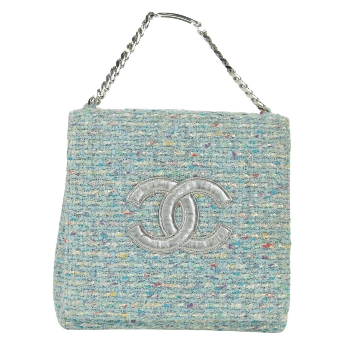 CHANEL Chain Hand Bag Tweed Light Blue Silver CC Auth 177972SV